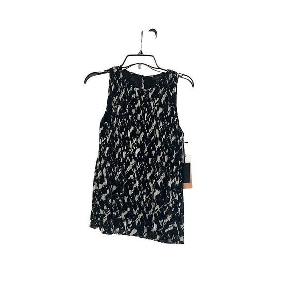 Halogen(R) Sleeveless Pleated Georgette Top in Black- Ivory Brushstrokes , XS - Picture 10 of 15